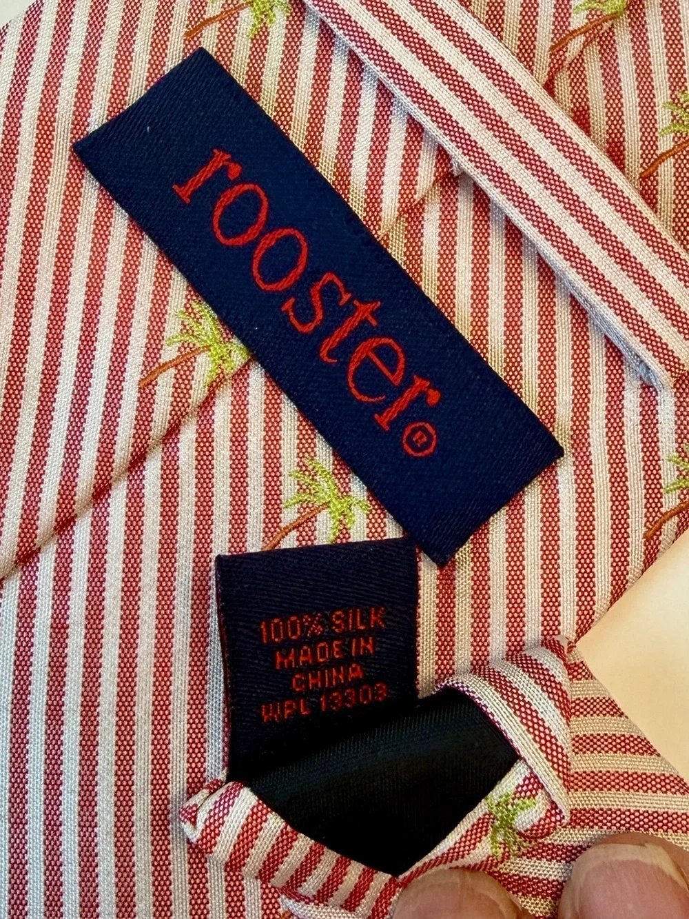 VTG Rooster Silk Tie Pink Red White Stripe Palm Tree 3.75” Wide